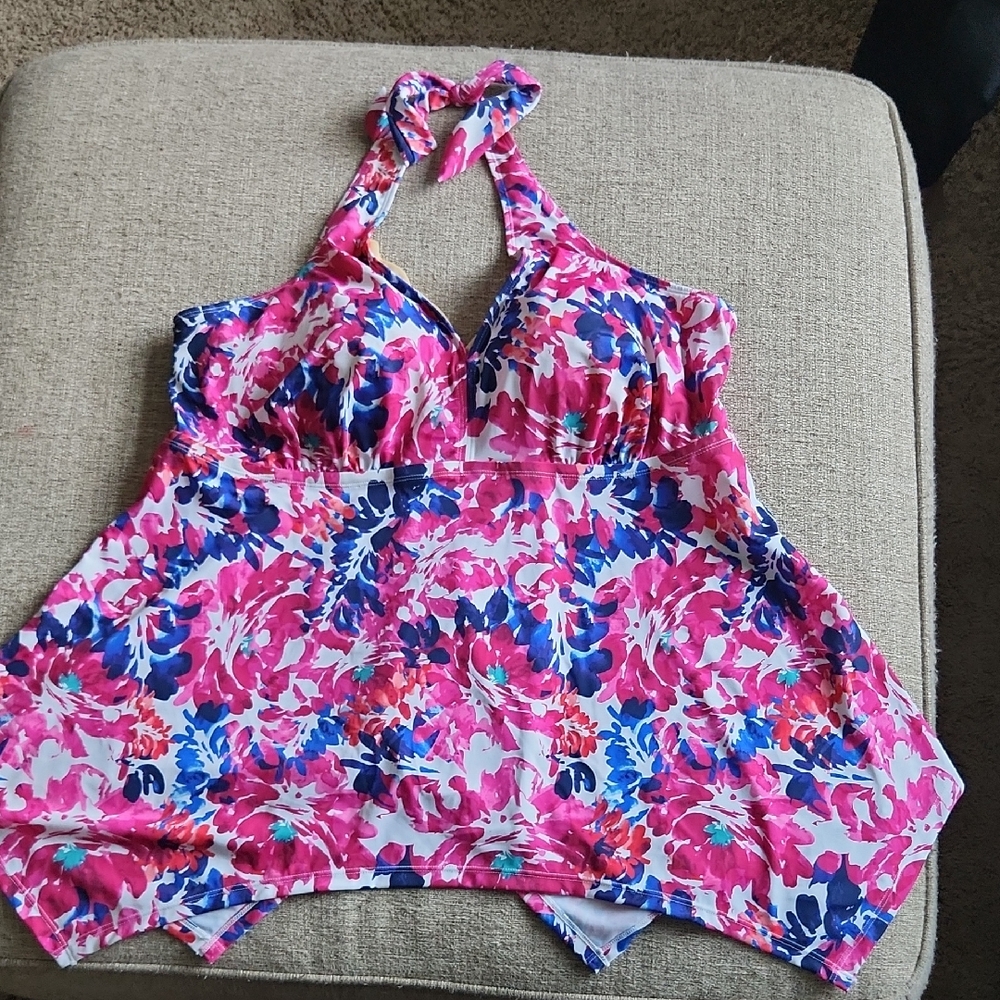 NEW Swimsuits For All Pink and Blue Halter Tie Front Swim Top. Size 22